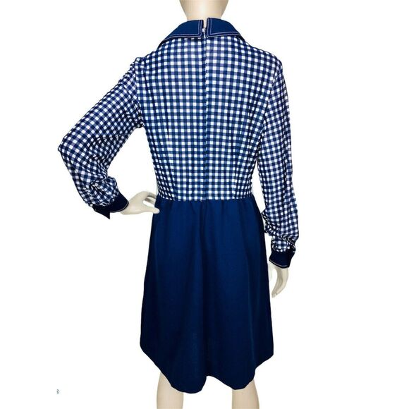 Vintage 60s MOD Academia Blue White Gingham Peekaboo A-Line Dagger Collar Dress - Picture 6 of 9